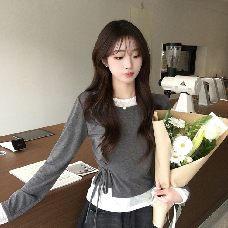 몸매보정되는 모모 라운드 레이어드 잔골지 나시 긴팔 티셔츠 세트 언발란스 허리잘록 리본 스트랩 배색 긴팔티 일체형 봄 스트라이프 상의 3color 먹색