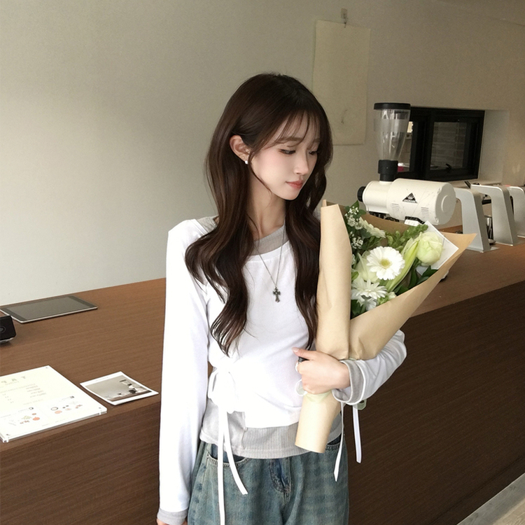 몸매보정되는 모모 라운드 레이어드 잔골지 나시 긴팔 티셔츠 세트 언발란스 허리잘록 리본 스트랩 배색 긴팔티 일체형 봄 스트라이프 상의 3color 화이트