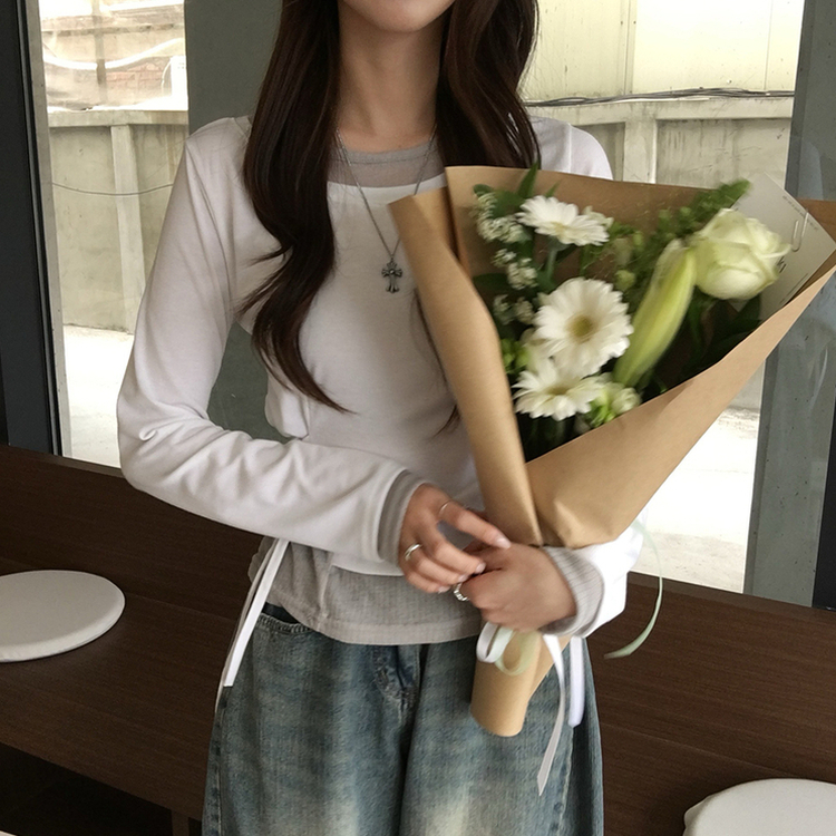 몸매보정되는 모모 라운드 레이어드 잔골지 나시 긴팔 티셔츠 세트 언발란스 허리잘록 리본 스트랩 배색 긴팔티 일체형 봄 스트라이프 상의 3color 화이트