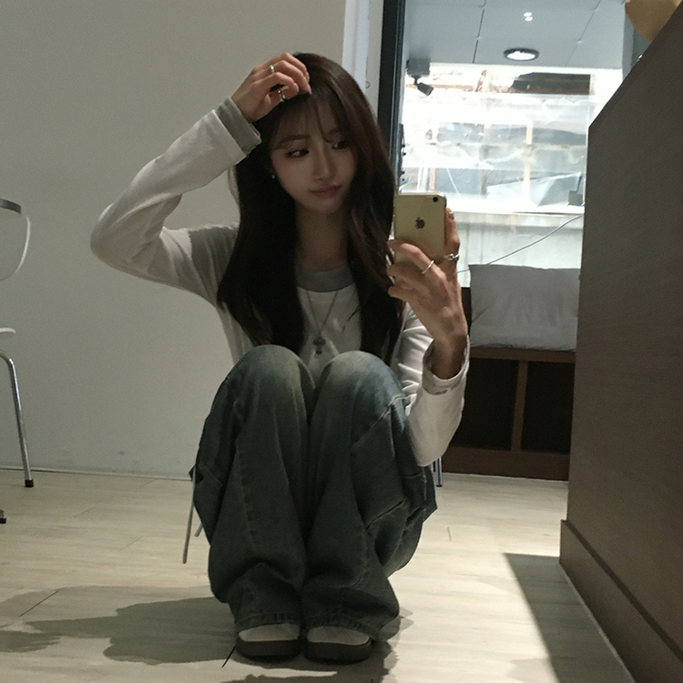 몸매보정되는 모모 라운드 레이어드 잔골지 나시 긴팔 티셔츠 세트 언발란스 허리잘록 리본 스트랩 배색 긴팔티 일체형 봄 스트라이프 상의 3color 화이트