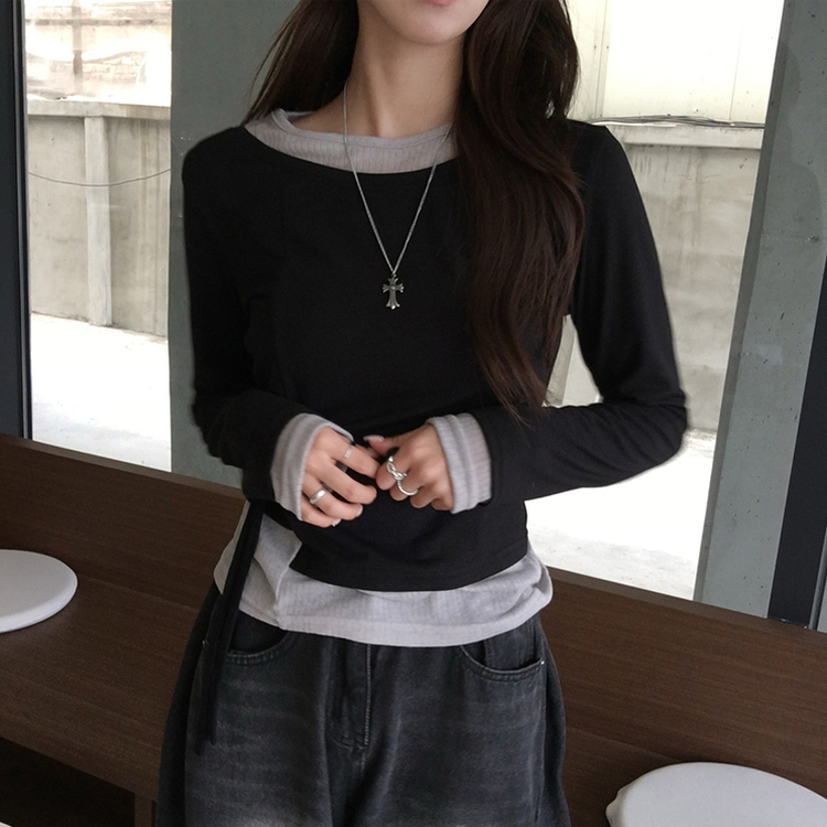 몸매보정되는 모모 라운드 레이어드 잔골지 나시 긴팔 티셔츠 세트 언발란스 허리잘록 리본 스트랩 배색 긴팔티 일체형 봄 스트라이프 상의 3color 블랙