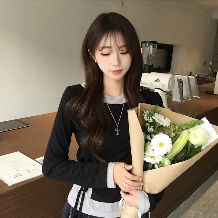 몸매보정되는 모모 라운드 레이어드 잔골지 나시 긴팔 티셔츠 세트 언발란스 허리잘록 리본 스트랩 배색 긴팔티 일체형 봄 스트라이프 상의 3color 블랙