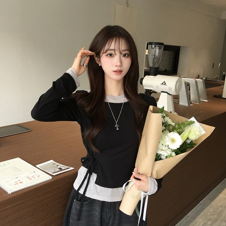 몸매보정되는 모모 라운드 레이어드 잔골지 나시 긴팔 티셔츠 세트 언발란스 허리잘록 리본 스트랩 배색 긴팔티 일체형 봄 스트라이프 상의 3color 블랙