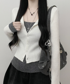 バイカラーレイヤードニットカーディガン IVORY