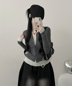 バイカラーレイヤードニットカーディガン GREY