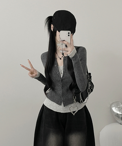バイカラーレイヤードニットカーディガン GREY