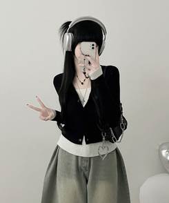 バイカラーレイヤードニットカーディガン BLACK