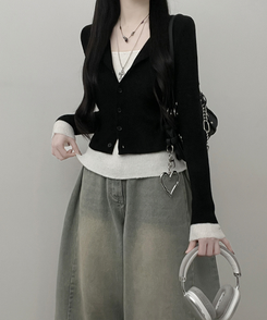 バイカラーレイヤードニットカーディガン BLACK