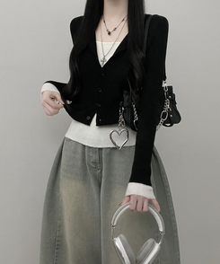 バイカラーレイヤードニットカーディガン BLACK