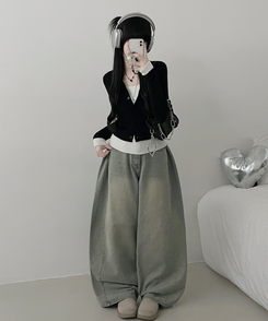 バイカラーレイヤードニットカーディガン BLACK