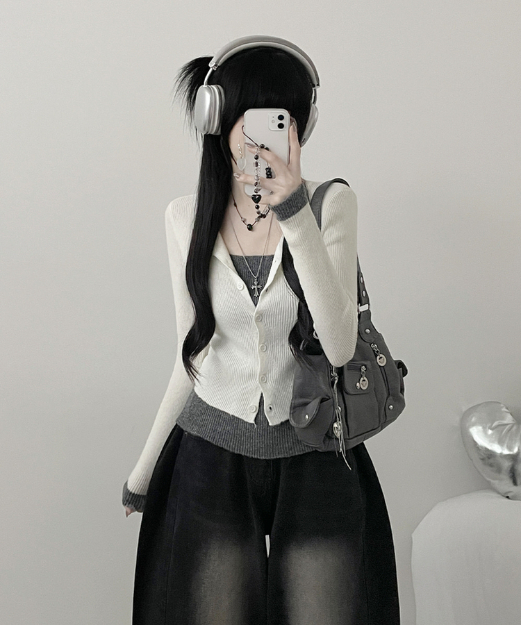 バイカラーレイヤードニットカーディガン IVORY