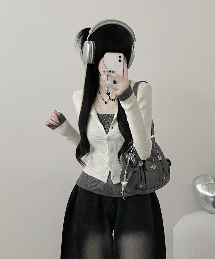 バイカラーレイヤードニットカーディガン IVORY