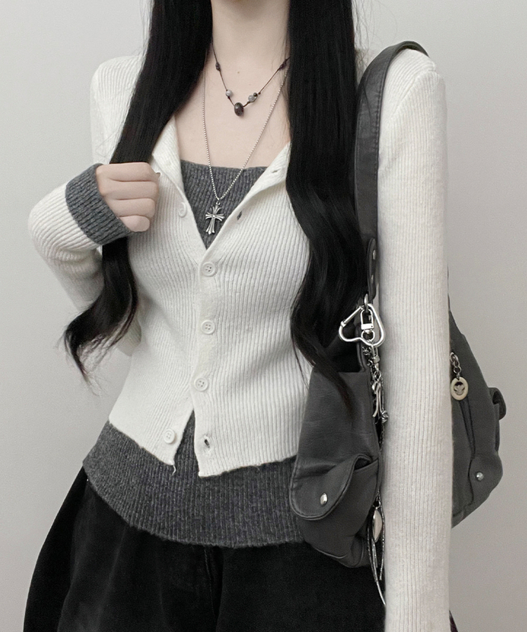 バイカラーレイヤードニットカーディガン IVORY