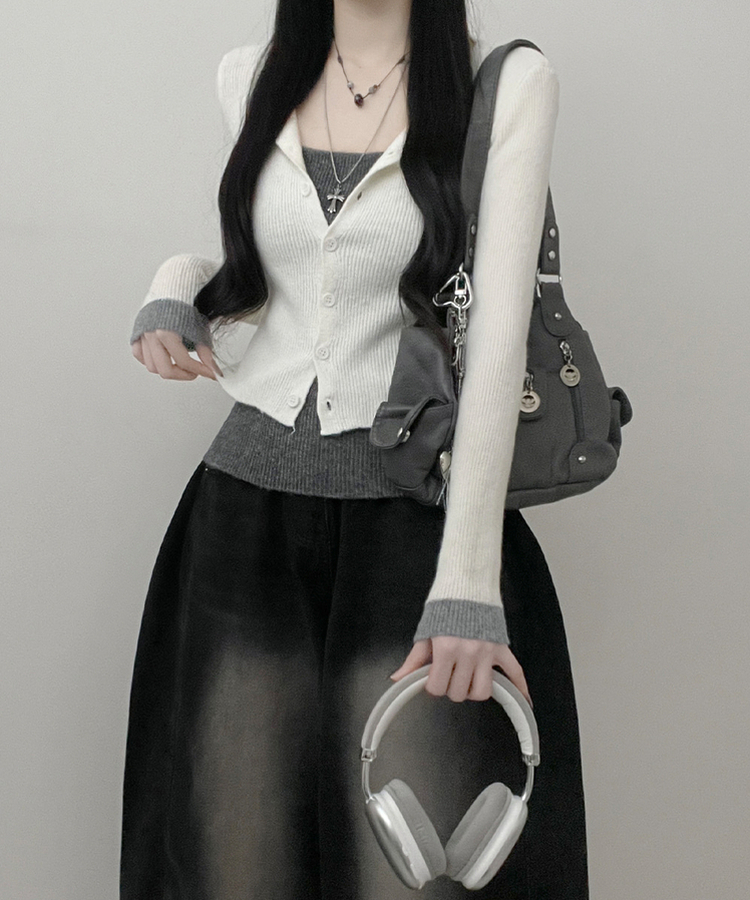 バイカラーレイヤードニットカーディガン IVORY