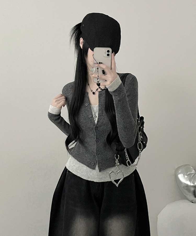 バイカラーレイヤードニットカーディガン GREY