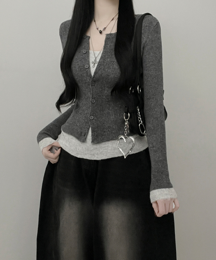 バイカラーレイヤードニットカーディガン GREY