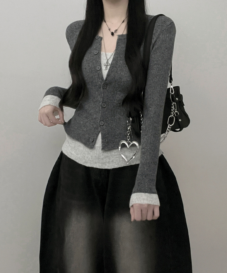 バイカラーレイヤードニットカーディガン GREY