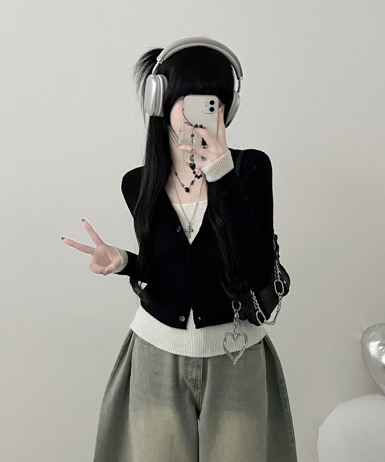 バイカラーレイヤードニットカーディガン BLACK