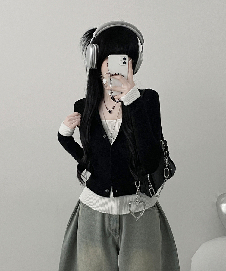 バイカラーレイヤードニットカーディガン BLACK