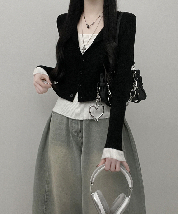 バイカラーレイヤードニットカーディガン BLACK