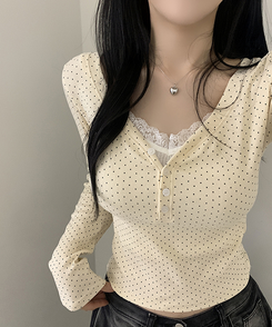 ドットボタンスリムVネック長袖Tシャツ CREAM