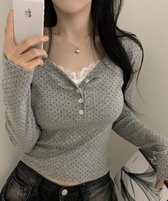 ドットボタンスリムVネック長袖Tシャツ GREY