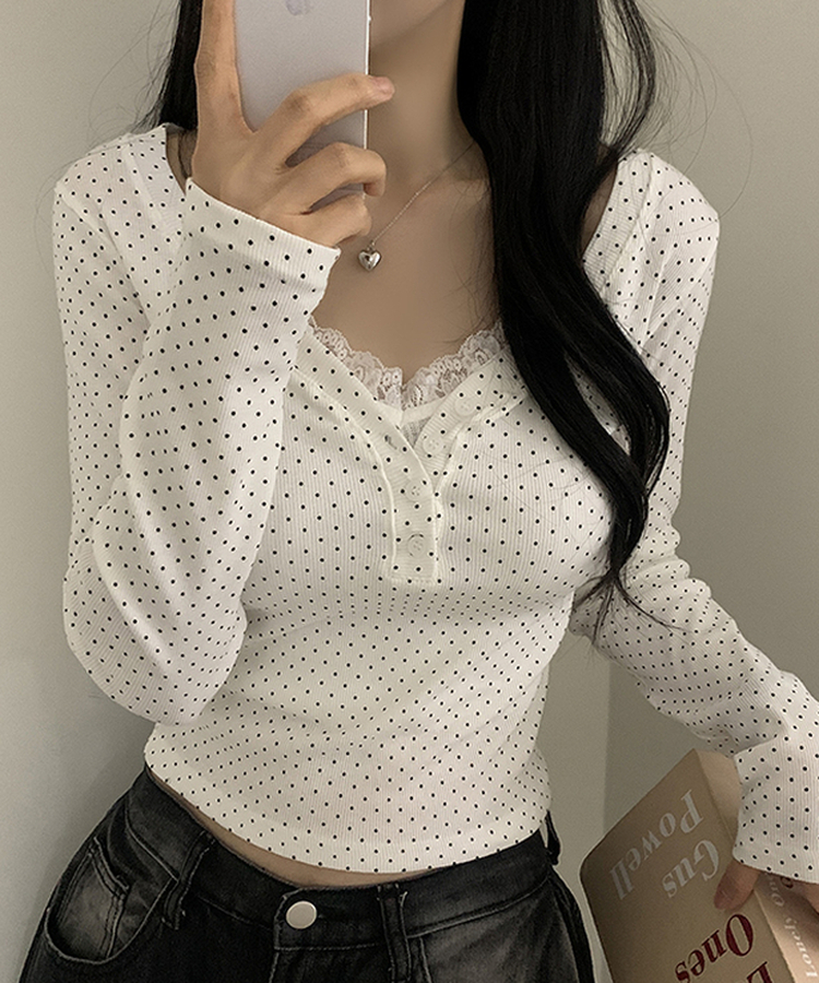 ドットボタンスリムVネック長袖Tシャツ IVORY