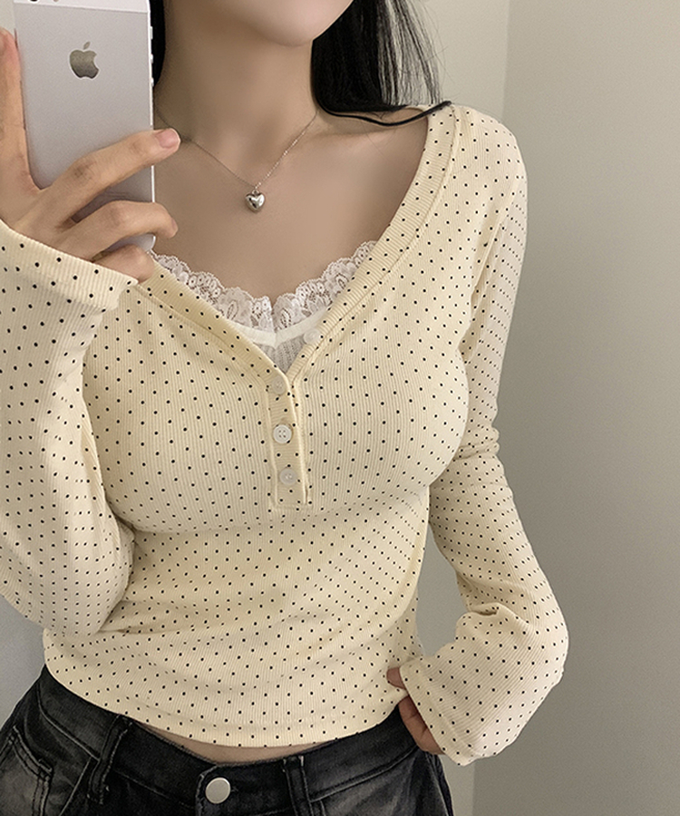 ドットボタンスリムVネック長袖Tシャツ CREAM