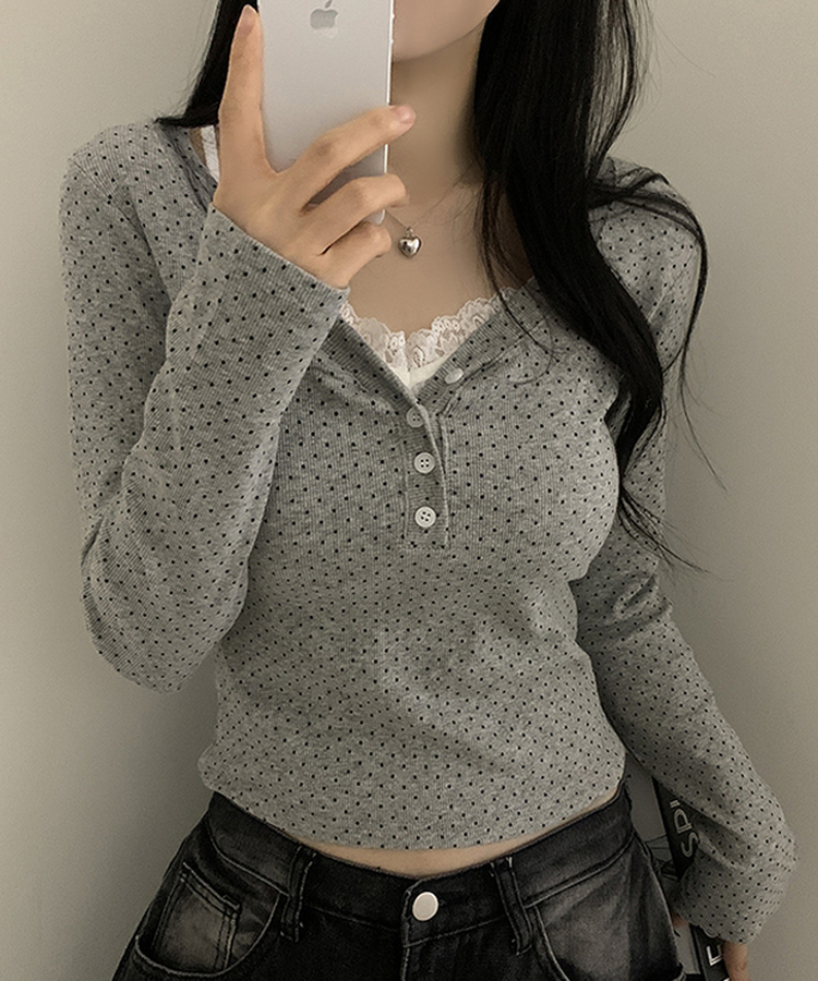 ドットボタンスリムVネック長袖Tシャツ GREY