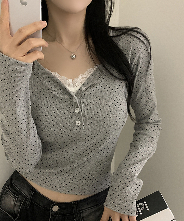 ドットボタンスリムVネック長袖Tシャツ GREY