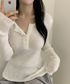 ウェーブウールスリムボタン長袖Tシャツ(6color) IVORY