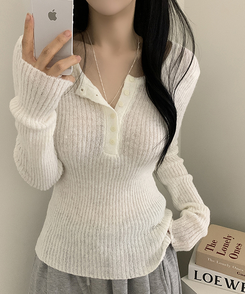 ウェーブウールスリムボタン長袖Tシャツ(6color) IVORY