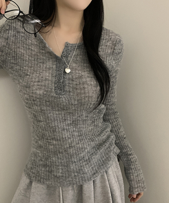 ウェーブウールスリムボタン長袖Tシャツ(6color) GREY