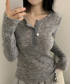 ウェーブウールスリムボタン長袖Tシャツ(6color) GREY