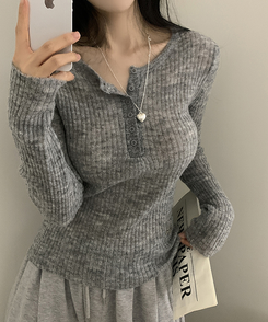 ウェーブウールスリムボタン長袖Tシャツ(6color) GREY