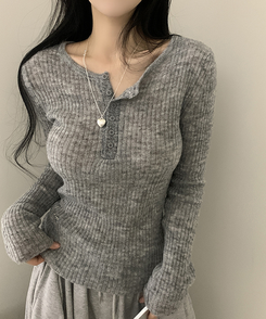 ウェーブウールスリムボタン長袖Tシャツ(6color) GREY