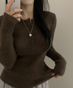 ウェーブウールスリムボタン長袖Tシャツ(6color) CHESTNUT BROWN