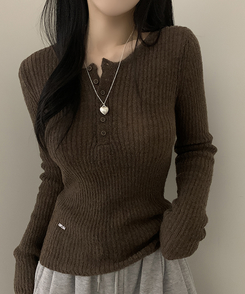 ウェーブウールスリムボタン長袖Tシャツ(6color) CHESTNUT BROWN