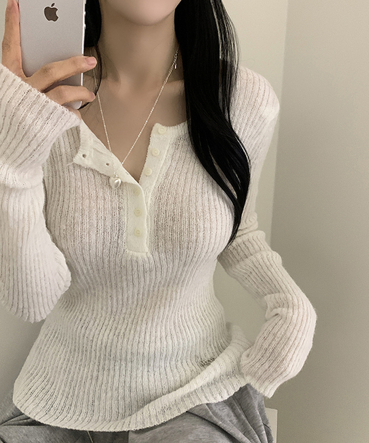 ウェーブウールスリムボタン長袖Tシャツ(6color) IVORY