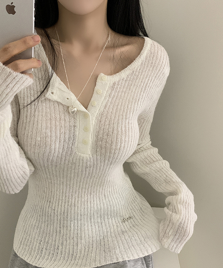 ウェーブウールスリムボタン長袖Tシャツ(6color) IVORY