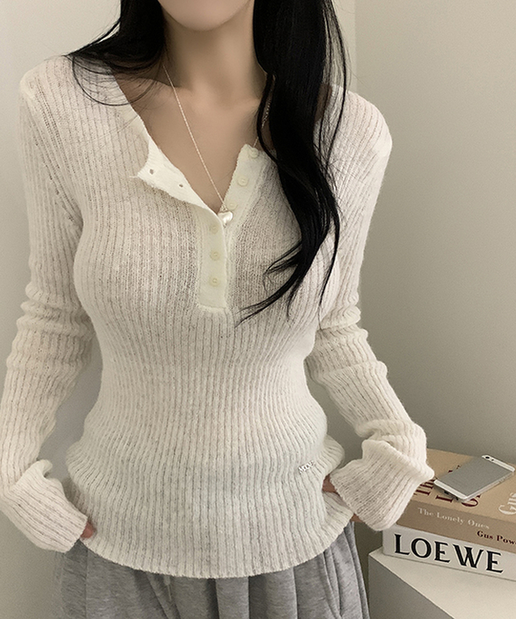 ウェーブウールスリムボタン長袖Tシャツ(6color) IVORY