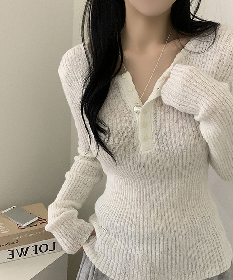 ウェーブウールスリムボタン長袖Tシャツ(6color) IVORY