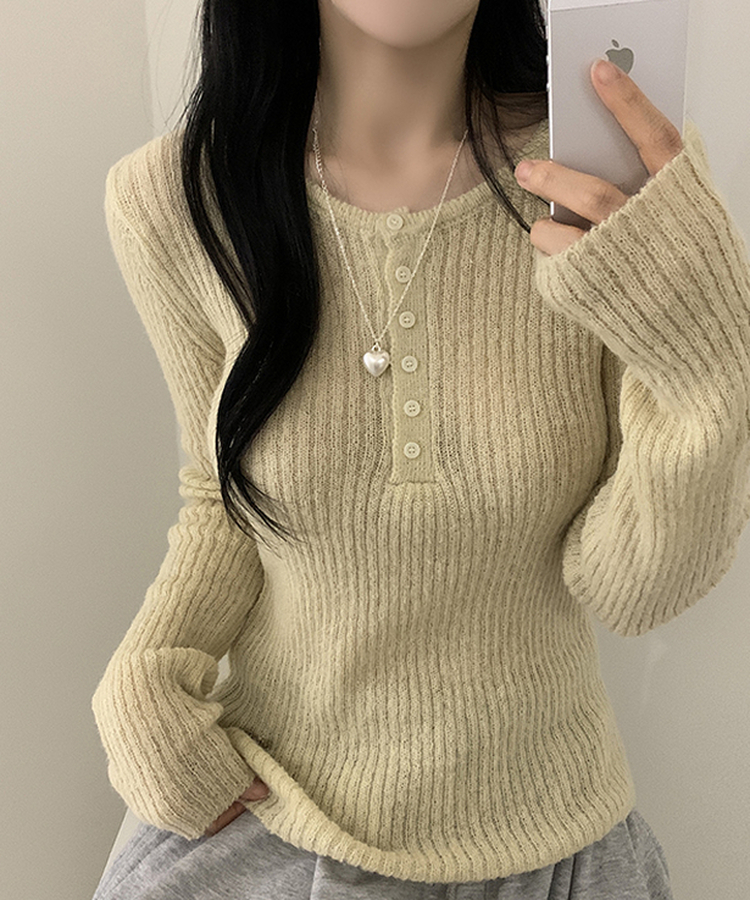 ウェーブウールスリムボタン長袖Tシャツ(6color) YELLOW