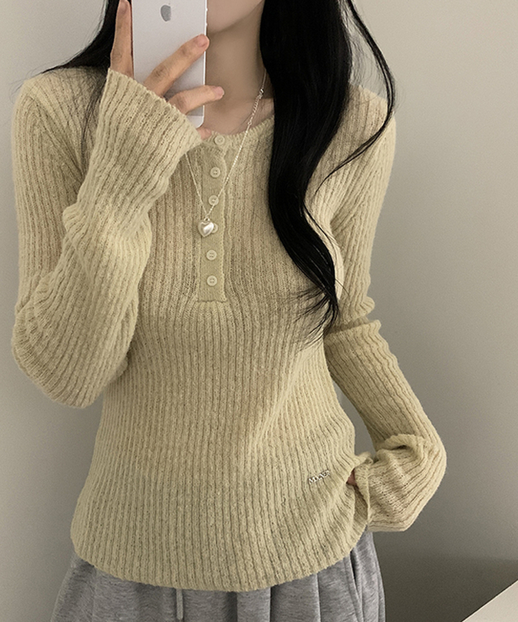 ウェーブウールスリムボタン長袖Tシャツ(6color) YELLOW