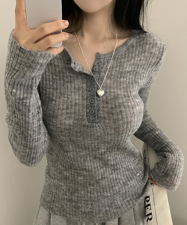 ウェーブウールスリムボタン長袖Tシャツ(6color) GREY