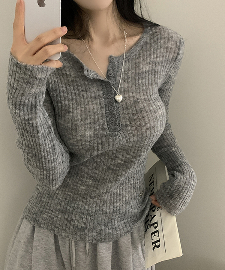 ウェーブウールスリムボタン長袖Tシャツ(6color) GREY