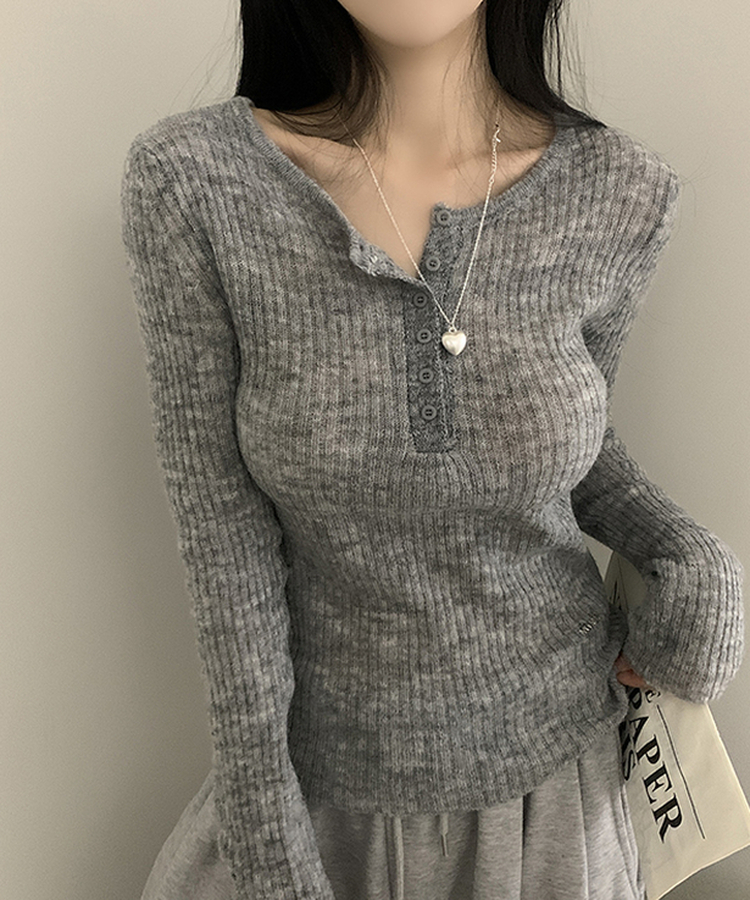 ウェーブウールスリムボタン長袖Tシャツ(6color) GREY