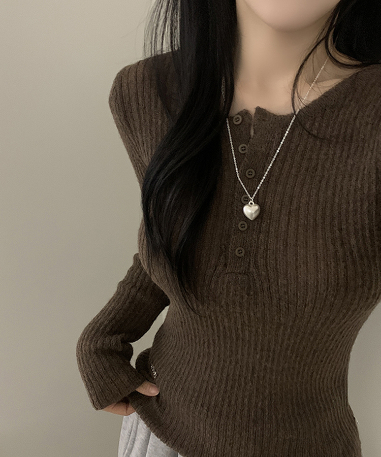 ウェーブウールスリムボタン長袖Tシャツ(6color) CHESTNUT BROWN