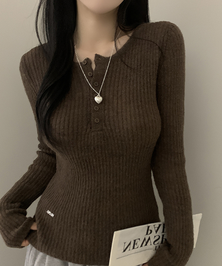 ウェーブウールスリムボタン長袖Tシャツ(6color) CHESTNUT BROWN