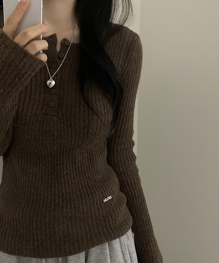 ウェーブウールスリムボタン長袖Tシャツ(6color) CHESTNUT BROWN